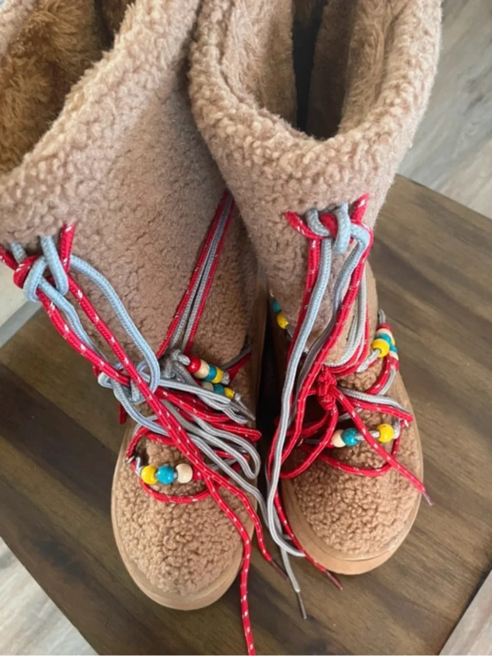 EGO Tan Sherpa Lace-Up Beaded Platform Boots